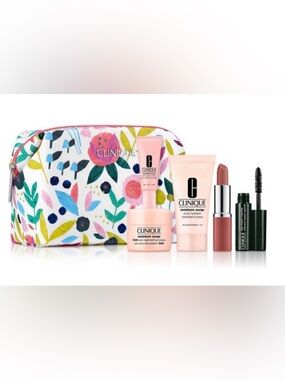 Clinique Pink Skincare & Makeup Pouch Set with Floral Case Brand NEW